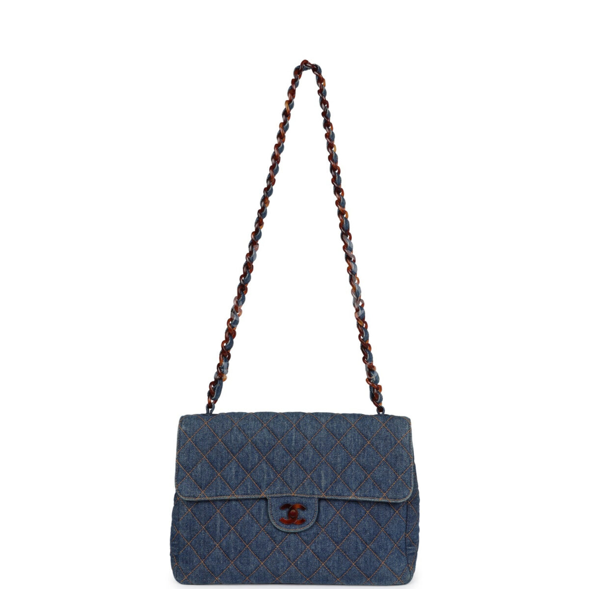 Vintage Chanel Jumbo Classic Single Flap Bag Blue Denim Tortoiseshell Bakelite Hardware — изображение 7