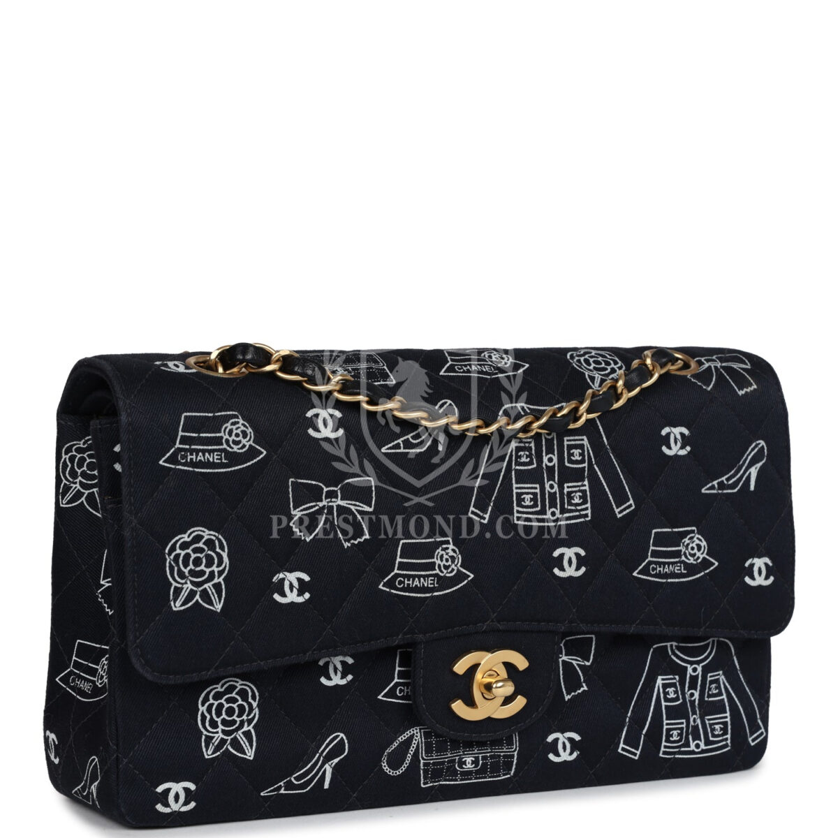 Vintage Chanel Medium Icon Print Double Flap Bag Navy Canvas Brushed Gold Hardware — изображение 2