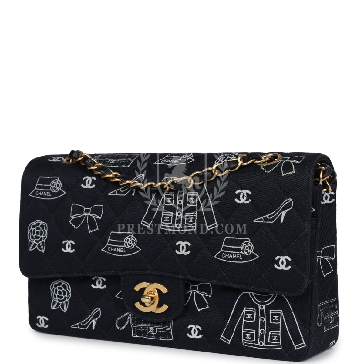 Vintage Chanel Medium Icon Print Double Flap Bag Navy Canvas Brushed Gold Hardware — изображение 5
