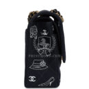 Vintage Chanel Medium Icon Print Double Flap Bag Navy Canvas Brushed Gold Hardware