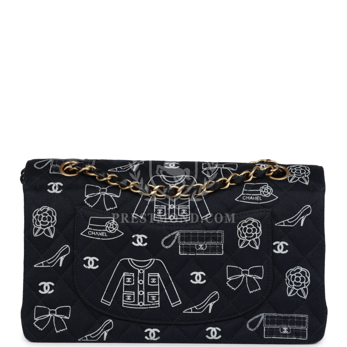 Vintage Chanel Medium Icon Print Double Flap Bag Navy Canvas Brushed Gold Hardware — изображение 4