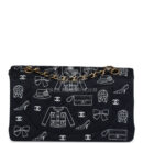 Vintage Chanel Medium Icon Print Double Flap Bag Navy Canvas Brushed Gold Hardware