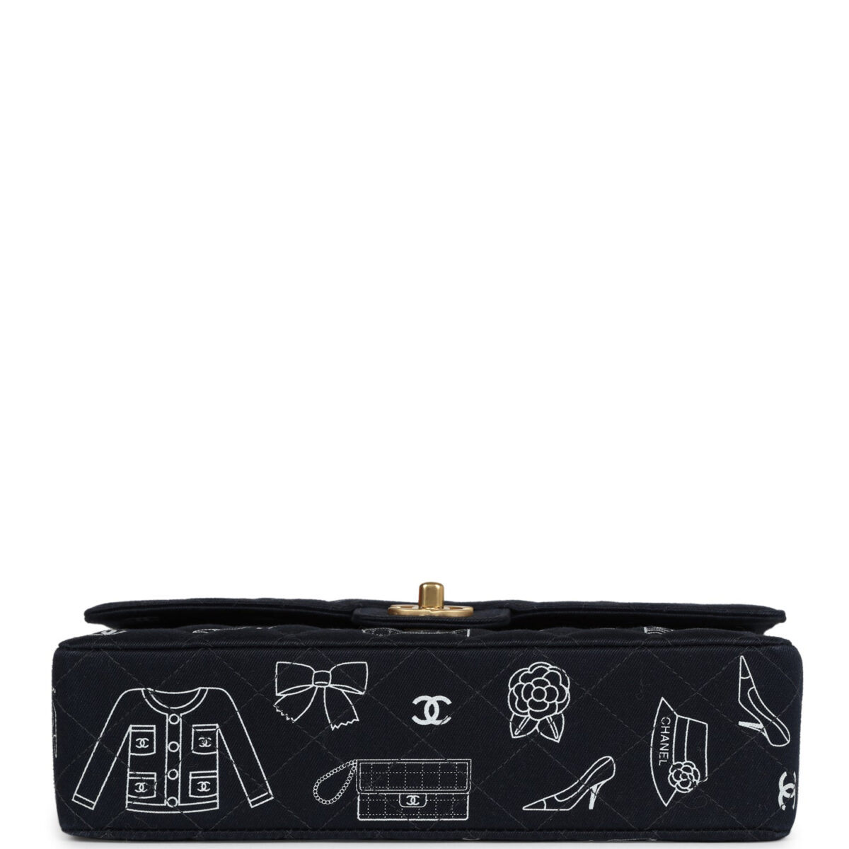 Vintage Chanel Medium Icon Print Double Flap Bag Navy Canvas Brushed Gold Hardware — изображение 6