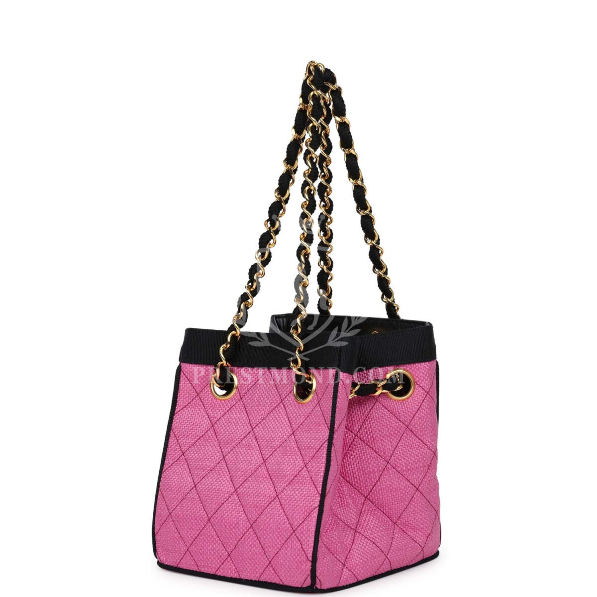 Vintage Chanel Set of Two Mini Bucket Bag & Oval Handbag Pink and Black Raffia Gold Hardware — изображение 3