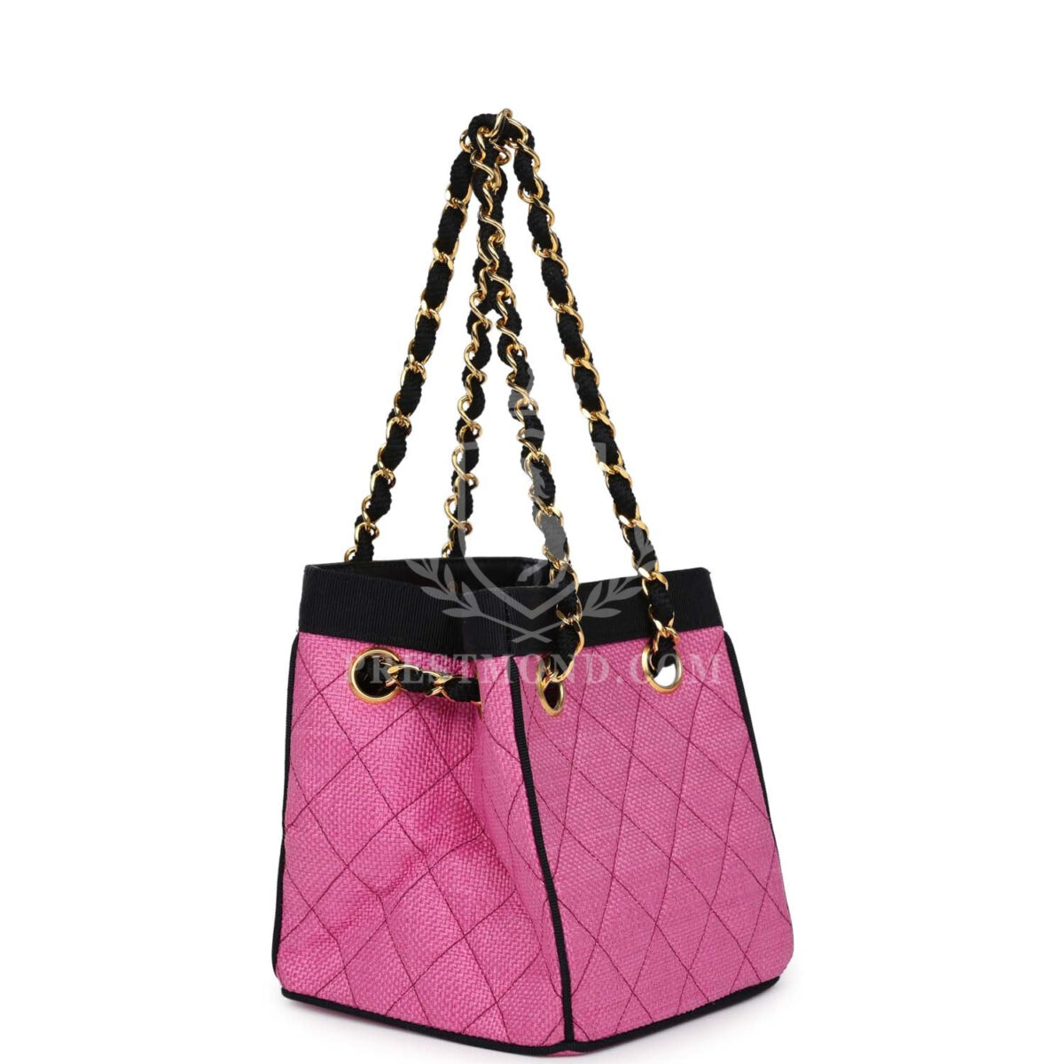 Vintage Chanel Set of Two Mini Bucket Bag & Oval Handbag Pink and Black Raffia Gold Hardware — изображение 4