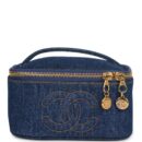 Vintage Chanel Square Vanity Case Dark Blue Denim Gold Hardware