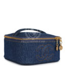 Vintage Chanel Square Vanity Case Dark Blue Denim Gold Hardware