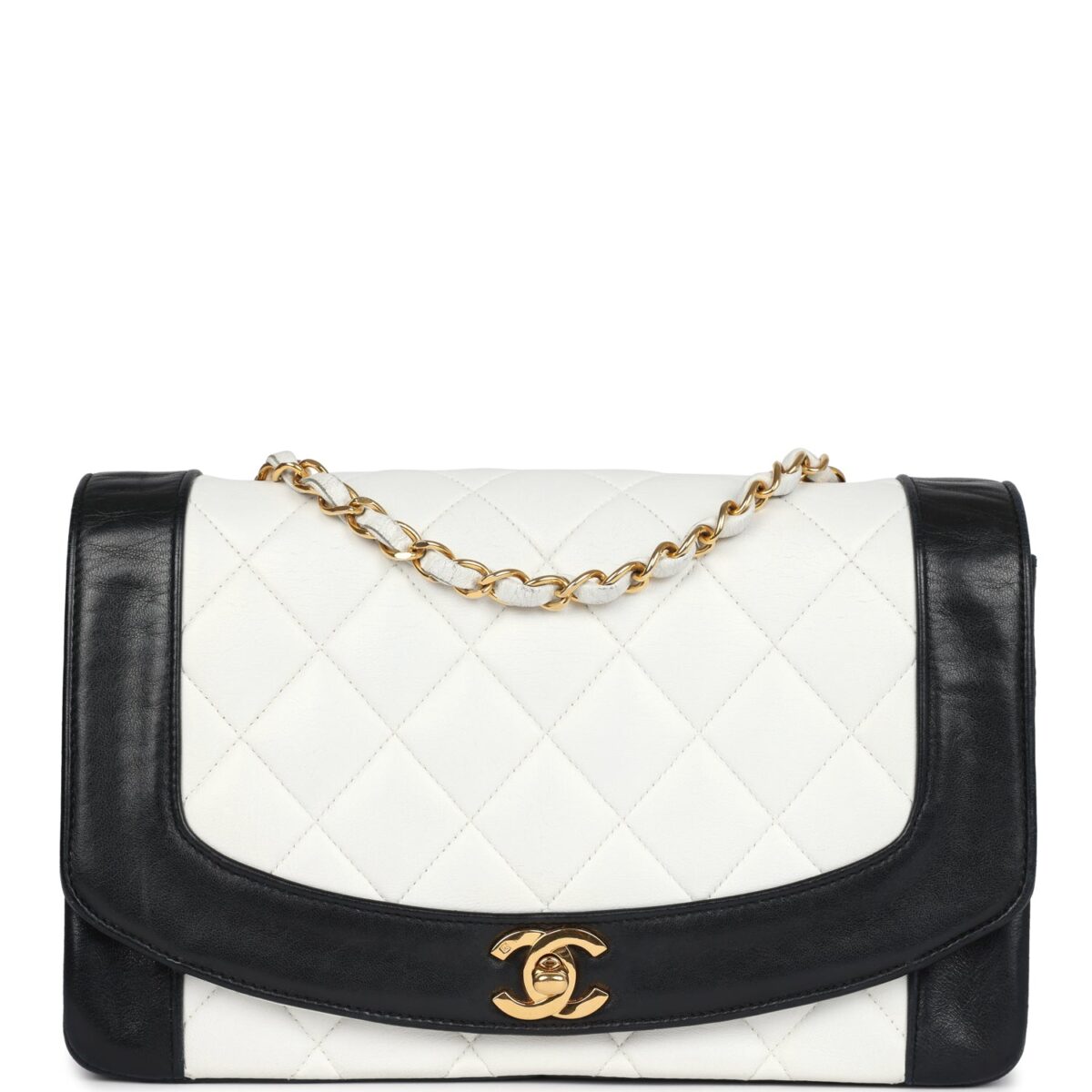 Vintage Chanel Medium Diana Flap Bag White and Black Lambskin Gold Hardware