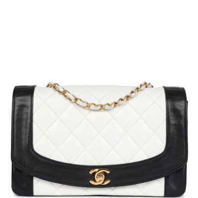 Vintage Chanel Medium Diana Flap Bag White and Black Lambskin Gold Hardware