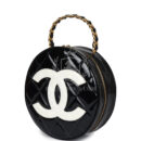 Vintage Chanel Round Vanity Bag Black and White Patent Leather Antique Gold Hardware