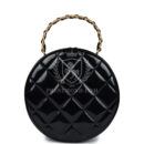 Vintage Chanel Round Vanity Bag Black and White Patent Leather Antique Gold Hardware