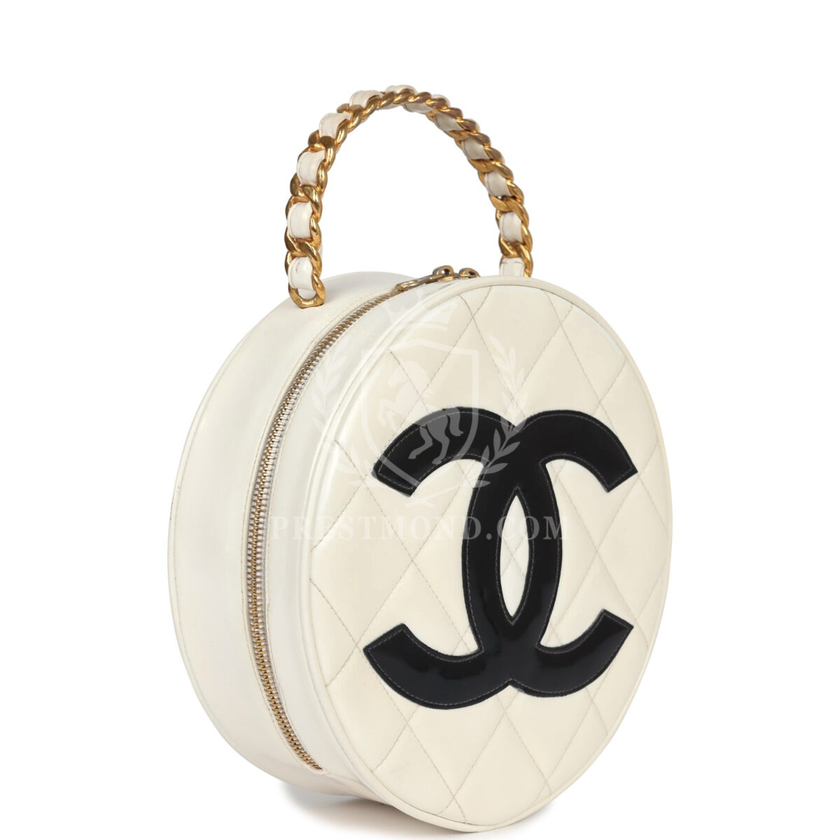 Vintage Chanel Round Vanity Bag White and Black Patent Leather Antique Gold Hardware — изображение 2