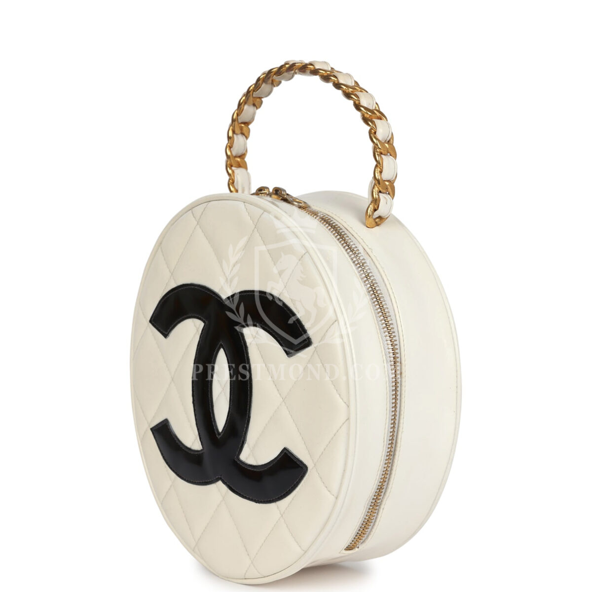 Vintage Chanel Round Vanity Bag White and Black Patent Leather Antique Gold Hardware — изображение 5