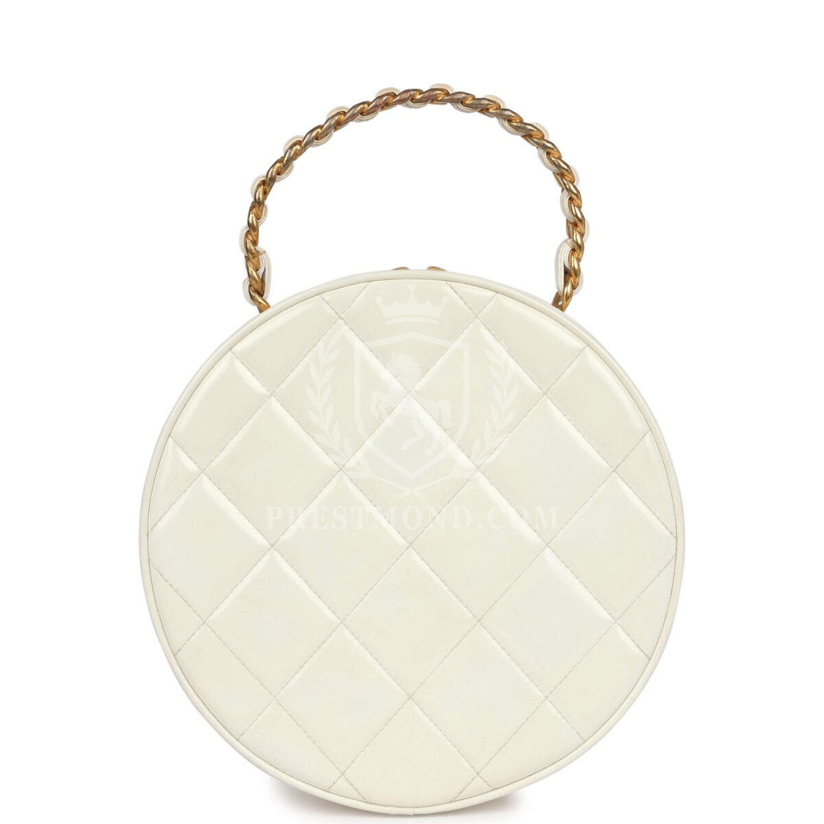 Vintage Chanel Round Vanity Bag White and Black Patent Leather Antique Gold Hardware — изображение 4