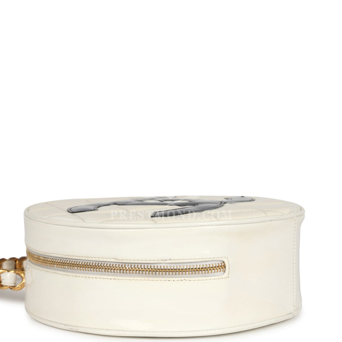 Vintage Chanel Round Vanity Bag White and Black Patent Leather Antique Gold Hardware — изображение 7