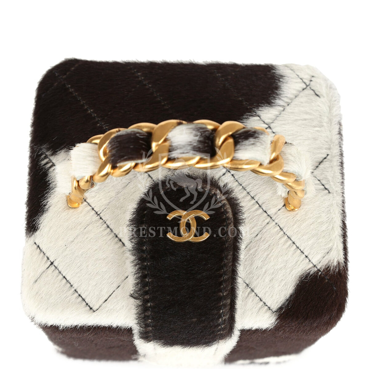Vintage Chanel Square Vanity Box Brown and White Cow Print Pony Hair Antique Gold Hardware — изображение 8