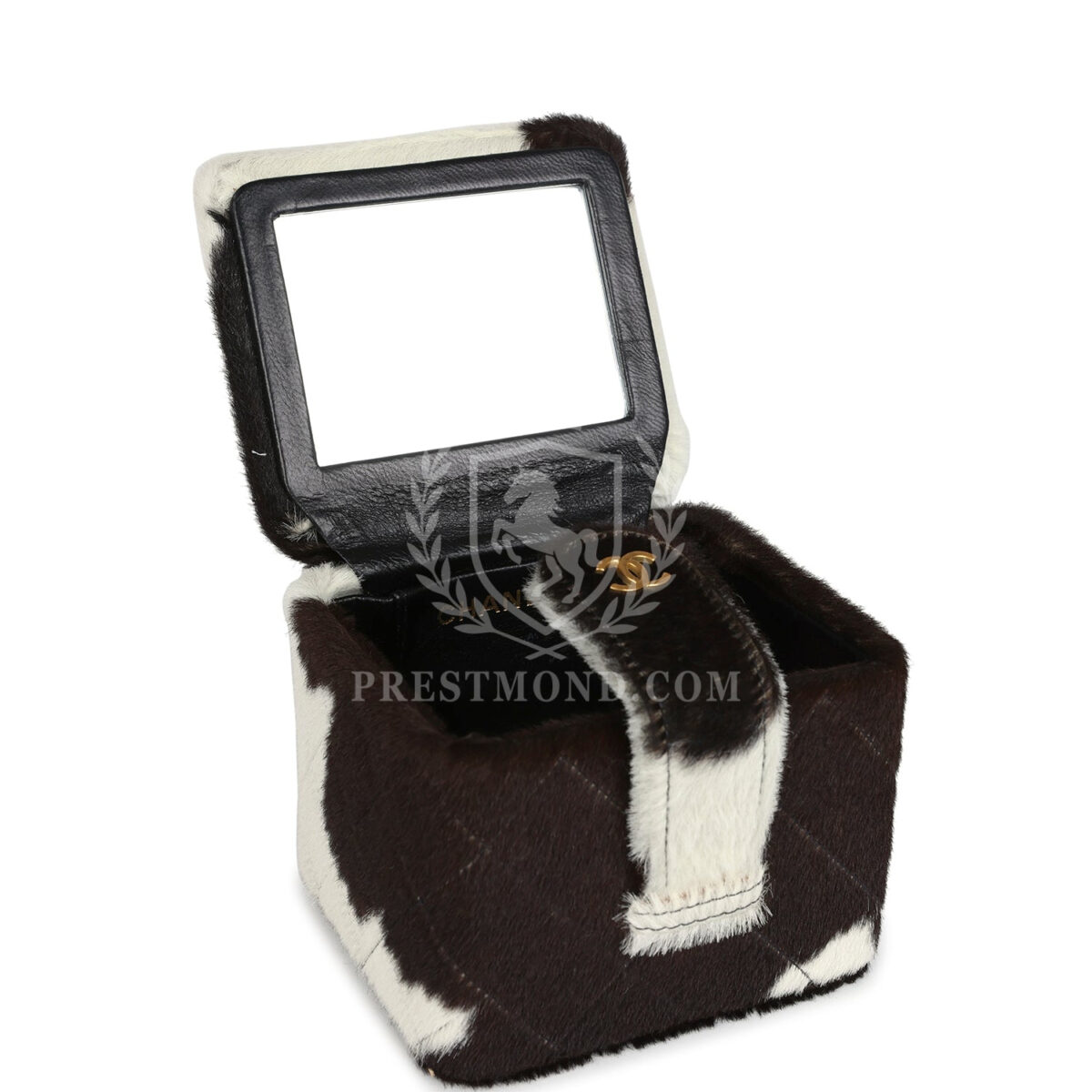 Vintage Chanel Square Vanity Box Brown and White Cow Print Pony Hair Antique Gold Hardware — изображение 9