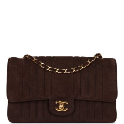 Vintage Chanel Medium Vertical Flap Bag Brown Suede Gold Hardware