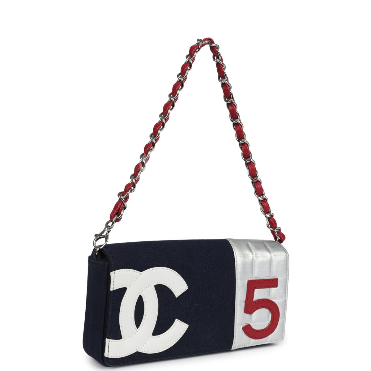Vintage Chanel N0.5 Chain Shoulder Bag Navy, Silver, Red Canvas Silver Hardware — изображение 2