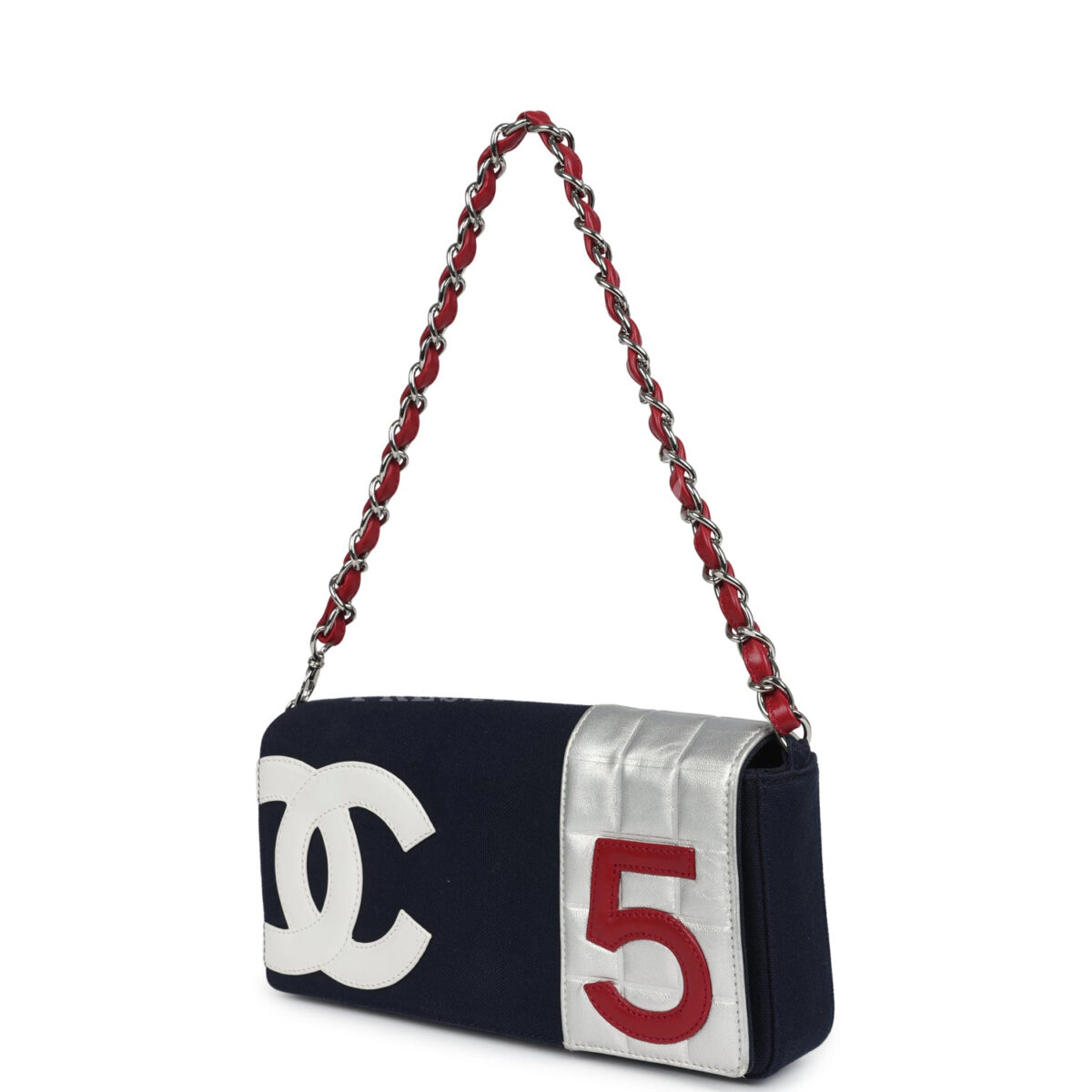 Vintage Chanel N0.5 Chain Shoulder Bag Navy, Silver, Red Canvas Silver Hardware — изображение 5
