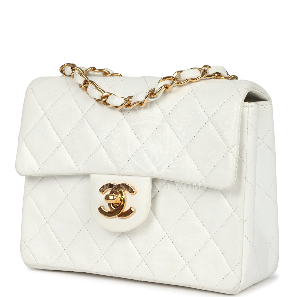 Vintage Chanel Mini Square Flap Bag White Lambskin Gold Hardware — изображение 5