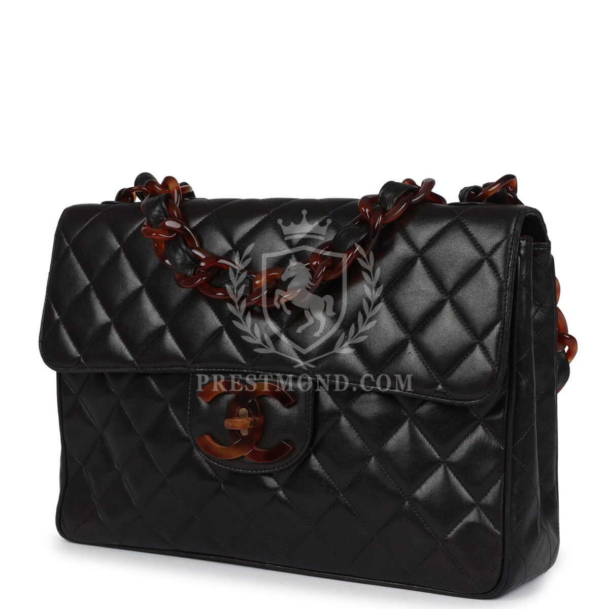 Vintage Chanel Jumbo Classic Single Flap Bag Black Lambskin Tortoiseshell Bakelite Hardware — изображение 5