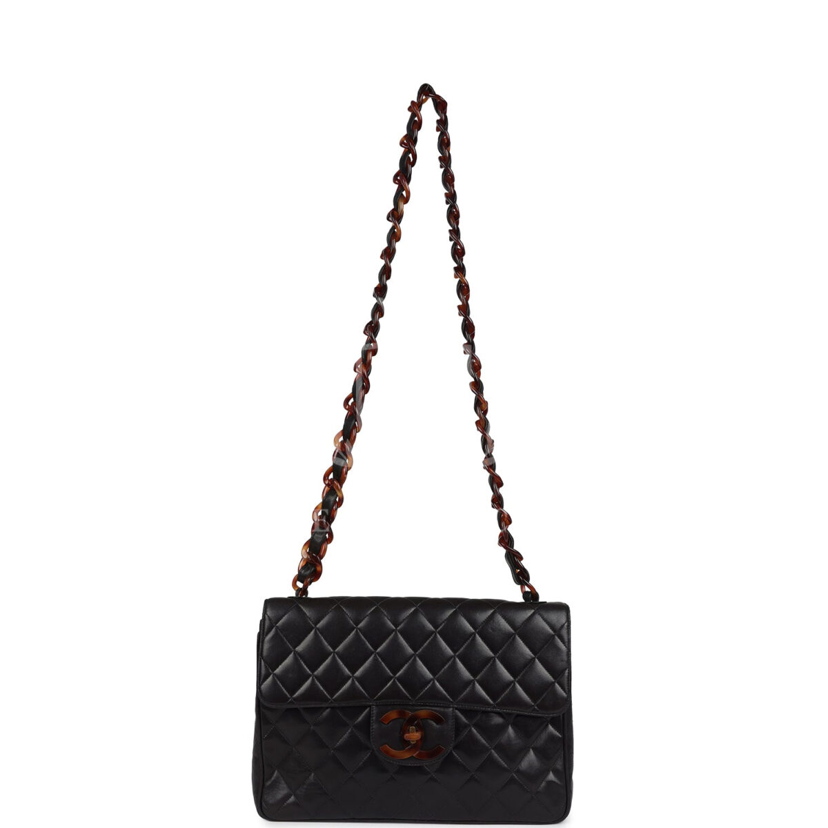 Vintage Chanel Jumbo Classic Single Flap Bag Black Lambskin Tortoiseshell Bakelite Hardware — изображение 7