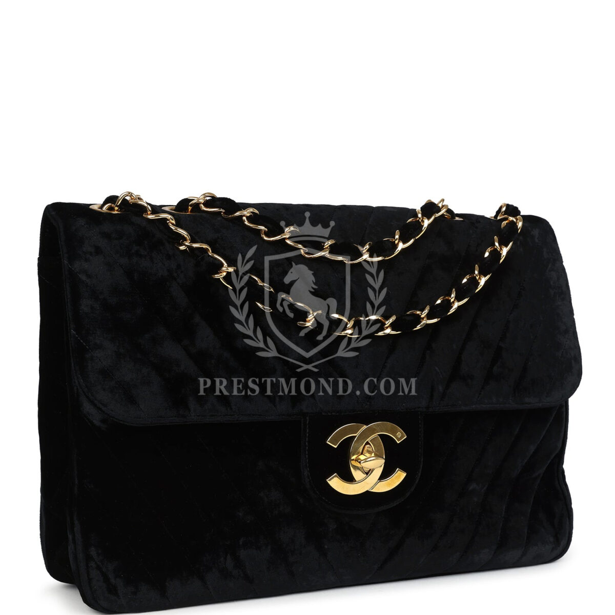 Vintage Chanel XL Classic Chevron Single Flap Bag Black Velvet Gold Hardware — изображение 2