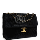 Vintage Chanel XL Classic Chevron Single Flap Bag Black Velvet Gold Hardware
