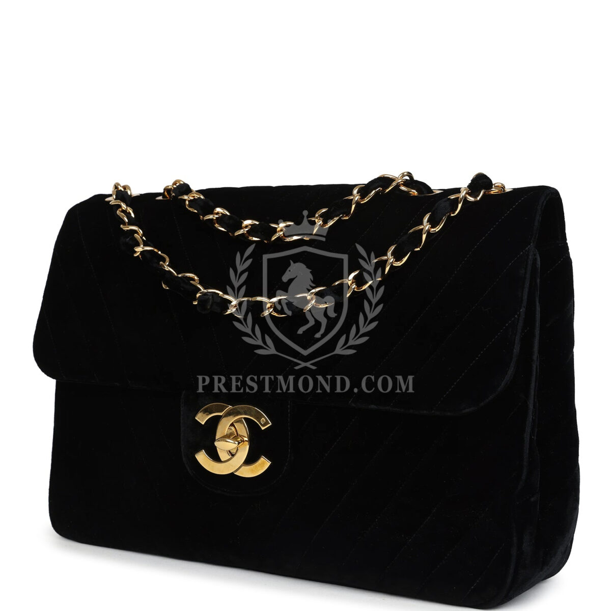 Vintage Chanel XL Classic Chevron Single Flap Bag Black Velvet Gold Hardware — изображение 5