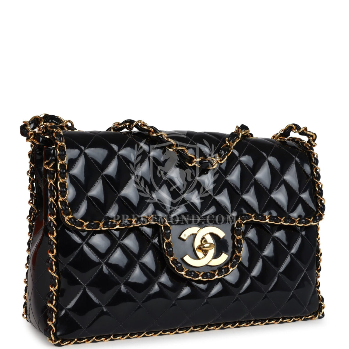 Vintage Chanel Maxi Classic Chain Around Single Flap Bag Black Patent Gold Hardware — изображение 2