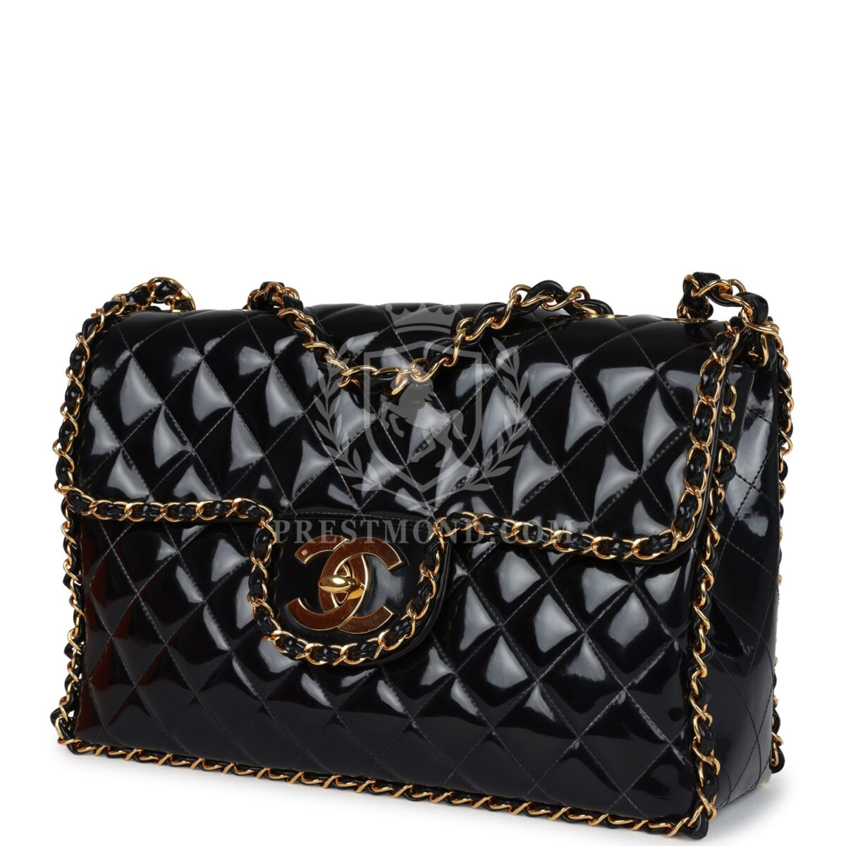 Vintage Chanel Maxi Classic Chain Around Single Flap Bag Black Patent Gold Hardware — изображение 5