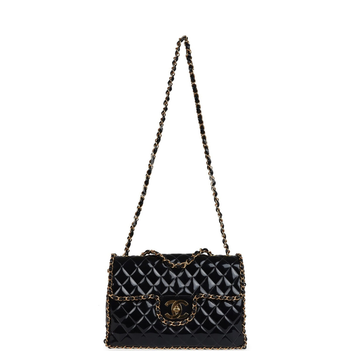Vintage Chanel Maxi Classic Chain Around Single Flap Bag Black Patent Gold Hardware — изображение 7