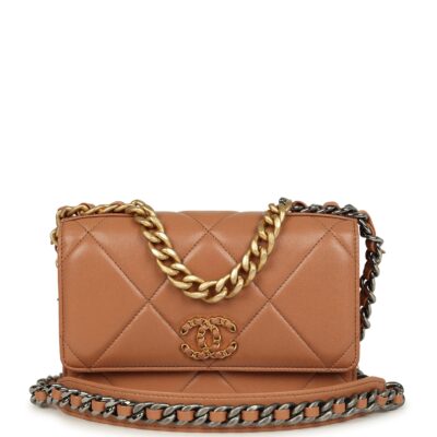 Chanel 19 Wallet On Chain WOC Brown Shiny Lambskin Mixed Metal Hardware