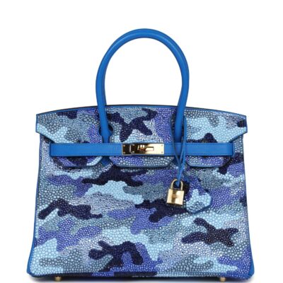 Custom Camouflage Swarovski Crystal Hermes Birkin 30 Bleu Hydra Chevre GHW