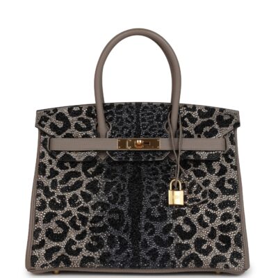 Custom Leopard Swarovski Crystal Hermes Birkin 30 Gris Asphalte Togo GHW