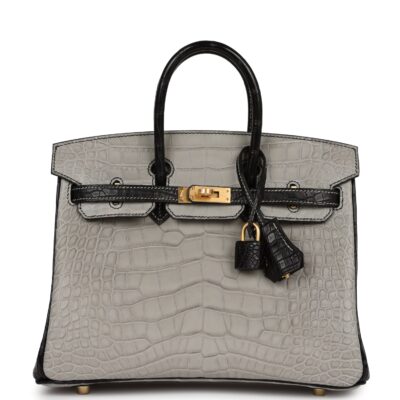 Hermes Special Order (HSS) Birkin 25 Gris Perle and Black Matte Alligator Mississippienis Brushed GHW