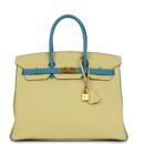 Hermes Special Order (HSS) Birkin 35 Jaune Poussin and Bleu Paradise Togo Brushed GHW