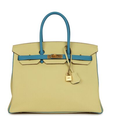 Hermes Special Order (HSS) Birkin 35 Jaune Poussin and Bleu Paradise Togo Brushed GHW
