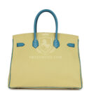 Hermes Special Order (HSS) Birkin 35 Jaune Poussin and Bleu Paradise Togo Brushed GHW