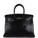 Vintage Hermes Birkin 35 Black Shiny Porosus Crocodile GHW