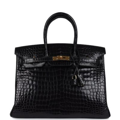 Vintage Hermes Birkin 35 Black Shiny Porosus Crocodile GHW
