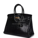 Vintage Hermes Birkin 35 Black Shiny Porosus Crocodile GHW
