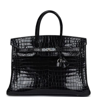 Vintage Hermes Birkin 35 Black Shiny Porosus Crocodile PHW