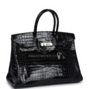 Vintage Hermes Birkin 35 Black Shiny Porosus Crocodile PHW