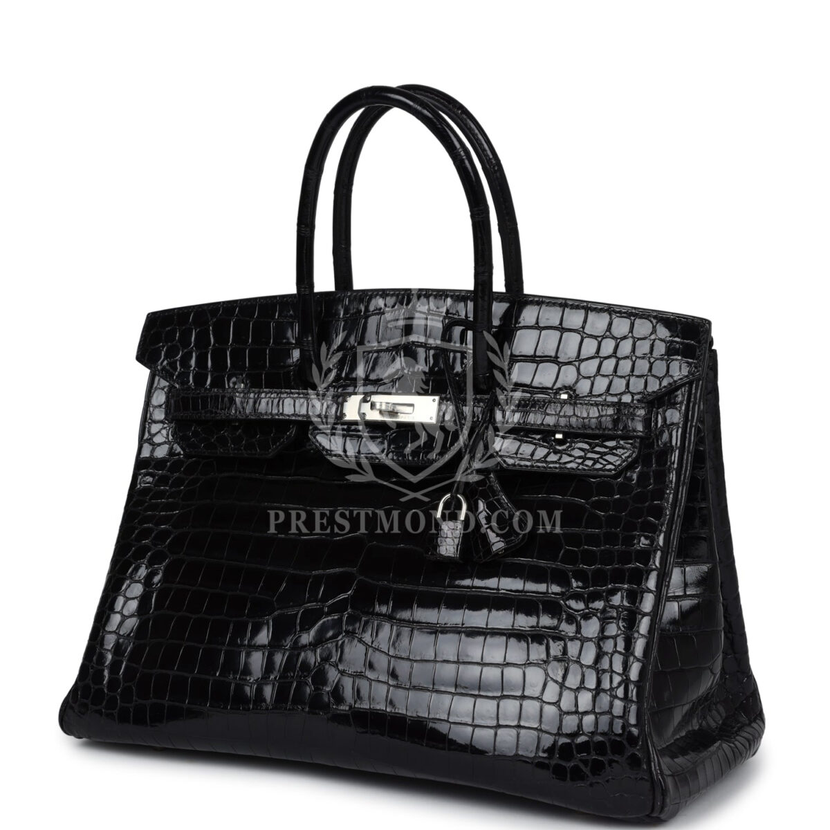 Vintage Hermes Birkin 35 Black Shiny Porosus Crocodile PHW — изображение 5