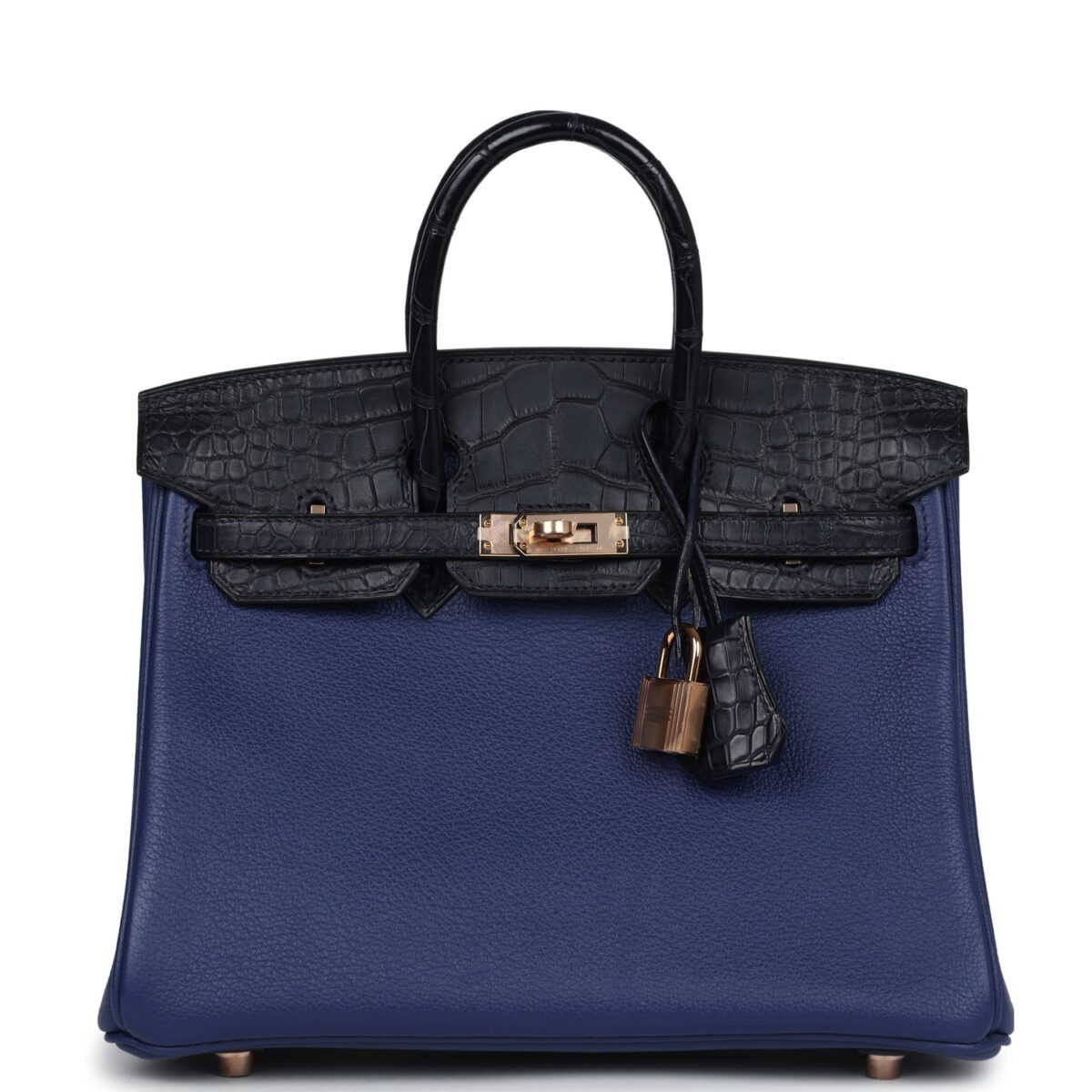 Hermes Birkin 25 Bleu Saphir Taurillion Novillo and Bleu Marine Matte Alligator Touch Rose GHW
