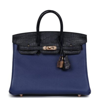 Hermes Birkin 25 Bleu Saphir Taurillion Novillo and Bleu Marine Matte Alligator Touch Rose GHW