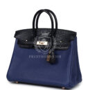 Hermes Birkin 25 Bleu Saphir Taurillion Novillo and Bleu Marine Matte Alligator Touch Rose GHW