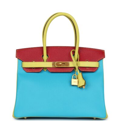 Hermes Special Order (HSS) Tri-color Birkin 30 Bleu Aztec, Soufre and Rouge Vif Chevre Brushed GHW